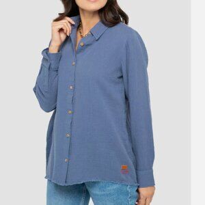 Peace Love World Double Gauze Button Front Frayed Hem Shirt Indigo XS NWOT